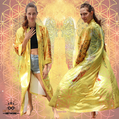 Golden Sacred Universe Angel Kimono -  Flower of Life - Long Sleeve - Silky Smooth Satin - Spirit Robe