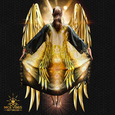 Black and Gold Flower of life chakra angel Kimono -  Long sleeve- One size fits most - Silky Smooth Satin