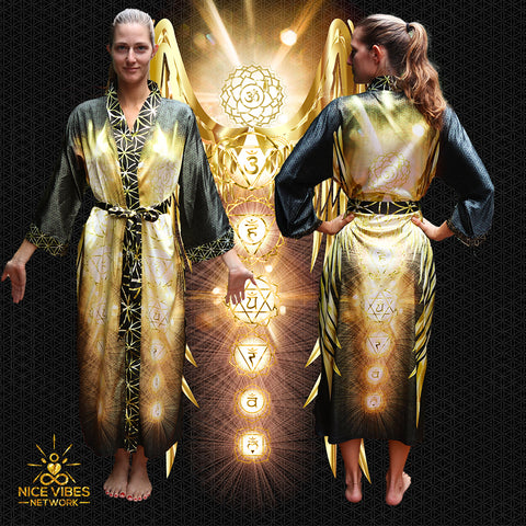 Black and Gold Flower of Life Chakra Angel Kimono -  Long Sleeve - One size fits most - Silky Smooth Satin - Spirit Robe