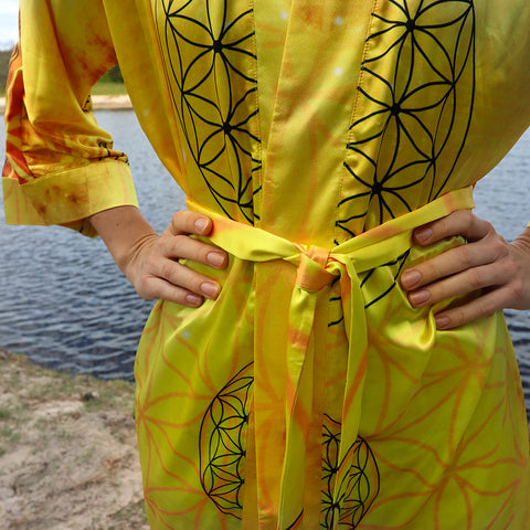 Golden Sacred Universe Angel Kimono -  Flower of Life - Long Sleeve - Silky Smooth Satin - Spirit Robe
